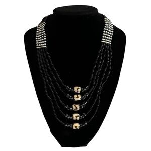 5 Strand Black, Cream, White Beaded Necklace 16” Length